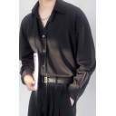 Casual Men's Shirt Solid Color Long Sleeve Spread Collar Button down Loose Fitted Shirt Top