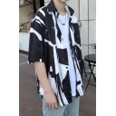 Mens Stylish Shirt Abstract Print Half Sleeve Spread Collar Button-up Loose Shirt in Black