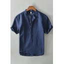 Solid Color Man's Shirt Button-down Modern Short Sleeve Collarless Regular Fitted Shirt