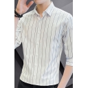 Simple Shirt Stripe Printed Button Closure 3/4 Sleeve Fitted Lapel Shirt