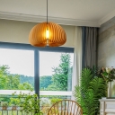 Beige Pendant Modern Restaurant Wood Cage Dome Shaped 1-Bulb Hanging Lamp