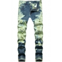 Chic Mens Jeans Medium Wash Tie Dye Print Zipper Fly Slim Fitted Long Jeans