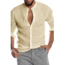 Men Leisure Shirt Solid Color Collarless Button-down Long Sleeves Relaxed Fit Shirt