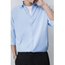 Men Modern Shirt Plain Button-up Turn-down Collar Half-sleeved Slim Fitted Shirt