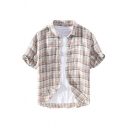 Leisure Men's Shirt Plaid Pattern Short Sleeved Turn-down Collar Button Detail Relaxed Fit Shirt Top