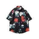Men Fashionable Shirt Roses Printed Button up Turn-down Collar Short Sleeves Regular Fitted Shirt