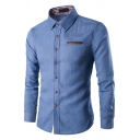 Popular Men’s Shirt Plain Zipper Pocket Long Sleeve Turn Down Collar Button-up Slim Denim Shirt