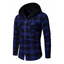 Popular Shirt Plaid Pattern Long-Sleeved Button-down Slim Fitted Hooded Shirt Top for Men