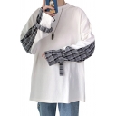 Trendy Sweatshirt Plaid Pattern Patched Belted Detail Long-Sleeved Crew Neck Loose Pullover Sweatshirt for Men