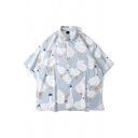 Casual Shirt All Over Cartoon Goose Pattern Turn Down Collar Short Sleeves Loose Fit Button Shirt for Men