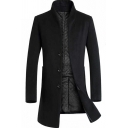 Mens Trendy Woolen Coat Plain Stand Collar Single Breasted Pocket Detail Fitted Woolen Coat