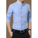 Simple Mens Shirt Plain Chest Pocket Long Sleeves Stand Collar Button-down Slim Shirt