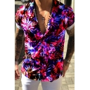 Fancy Shirt Floral Printed Short Sleeve Turn-down Collar Button-down Slim Shirt for Men