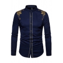 Chic Shirt Flower Embroidered Button Closure Long-Sleeved Stand Collar Slim Fitted Shirt Top for Men