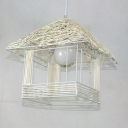Beige Wooden House Pendant Asian Style Living Room Rattan Shade 1-Bulb Hanging Lamp