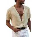 Mens Dashing Cardigan Solid Color Turn-down Collar Button Closure Short Sleeve Fitted Cardigan