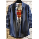 Chic Shirt Stripe Pattern Long Sleeve Turn-down Collar Button-up Relaxed Fit Shirt Top for Men