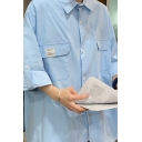 Men Popular Shirt Solid Color Button Closure Turn-down Collar Double Flap Pocket Half Sleeves Loose Shirt