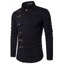 Vintage Mens Shirt Solid Color Double Breasted Long Sleeve Turn Down Collar Slim Shirt
