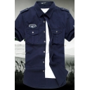 Cool Guys Shirt Plain Button up Flap Pockets Short-Sleeved with Epaulets Point Collar Slim Military Shirt