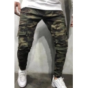 Guys Cool Jeans Green Camouflage Patterned Flap Pockets Mid Rise Ankle Length Skinny-Fit Pencil Jeans