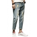 Retro Light Blue Jeans Faded Effect Shredded Zip-Fly Stretch Denim Two-Pocket Styling Slim Cropped Jeans for Men