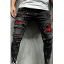 Fashionable Jeans Ripped Patch Zipper Fly Long Skinny Fitted Jeans for Men