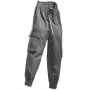 Sporty Pants Flap Pockets Solid Color Mid Waist Ankle Length Cargo Pants for Men