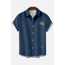 Men Leisure Shirt Tropical Plant Print Turn Down Collar Button-up Short Sleeves Relaxed Shirt