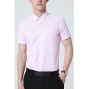Modern Shirt Solid Color Short Sleeve Lapel Collar Button-up Regular Fitted Shirt for Men