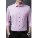 Mens Simple Shirt Solid Color Chest Pocket Long Sleeves Turn Down Collar Button-down Fitted Shirt