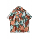 Fancy Shirt Leaf Printed Short Sleeve Spread Collar Button Detailed Relaxed Fit Shirt Top for Men