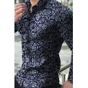 Fancy Shirt Floral Printed Long Sleeve Spread Collar Button-down Slim Fitted Shirt Top for Men