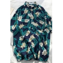 Leisure Shirt Floral and Leaf Pattern Button up Turn-down Collar Pocket Detail Short Sleeves Relaxed Fit Shirt for Men
