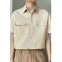 Casual Men's Shirt Solid Color Chest Flap Pocket Short-Sleeved Point Collar Button-up Relaxed Shirt Top