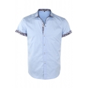 Stylish Men's Button Shirt Contrast Panel Short-Sleeved Turn-down Collar Fitted Shirt