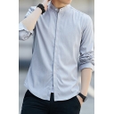 Men Simple Shirt Plain Button Closure Long-Sleeved Stand Collar Regular Shirt