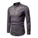 Men's Elegant Shirt Embroidered Detail Button Closure Stand Collar Long Sleeve Regular Fit Shirt