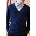 Modern Mens Cardigan Pure Color Knit Long Sleeve V-neck Button-down Regular Fit Cardigan
