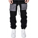 Men Fashionable Cargo Pants Color-block Flap Pockets Drawstring Waist Full Length Loose Pants