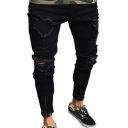 Classic Jeans Dark Wash Distressed Zipper Fly Full Length Slim Fitted Jeans for Men