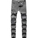 Vintage Mens Plain Medium Wash Distressed Zipper Fly Skinny Fit Denim Pants