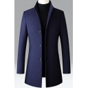 Mens Stylish Woolen Coat Solid Color Stand Collar Side Pockets Single Breasted Regular Fit Woolen Coat