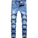 Classic Mens Jeans Light Wash Zipper Fly Ripped Skinny Fit Full Length Jeans with Pockets
