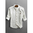Men Leisure Shirt Plain Turn-down Collar Chest Pocket Button up 3/4 Sleeve Slim Fitted Shirt