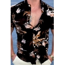 Street Look Shirt Leaf Pattern Short Sleeve Turn Down Collar Button-up Fitted Shirt for Men