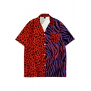 Fancy Shirt Animal Printed Chest Pocket Short Sleeve Spread Collar Button Up Loose Shirt Top for Men