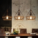 Diamond Iron Cage Pendant with Hemp Rope Industrial Living Room Black 1-Bulb Hanging Lamp