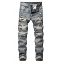 Stylish Jeans Faded Effect Distressed Stretch Denim Two-Pocket Styling Zip Closure Slim Fit Jeans for Men