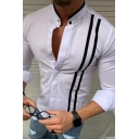 Mens Dashing Shirt Double Stripe Print Button-up Stand Collar Long-Sleeved Fitted Shirt